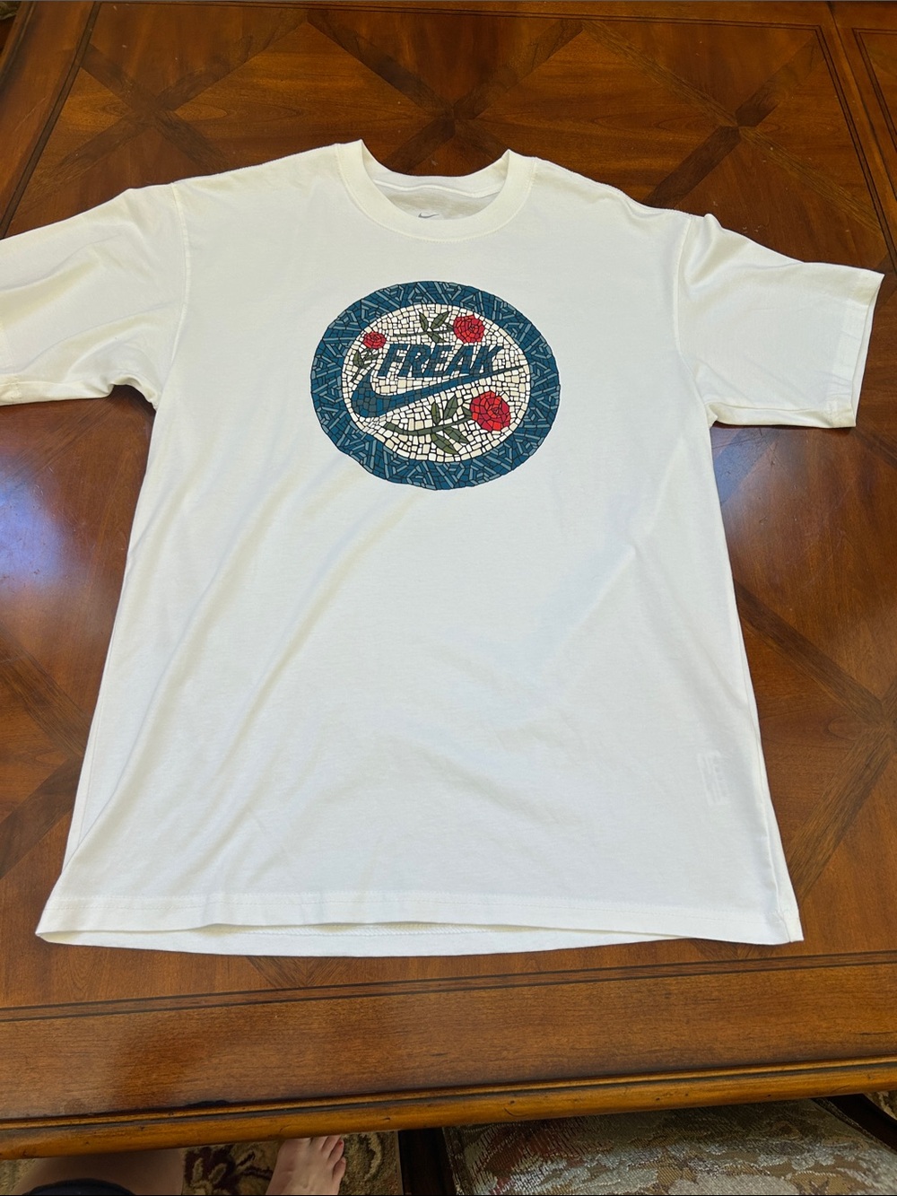 Nike White Short Sleeve Tee with Blue Mosaic Logo and Red Accents